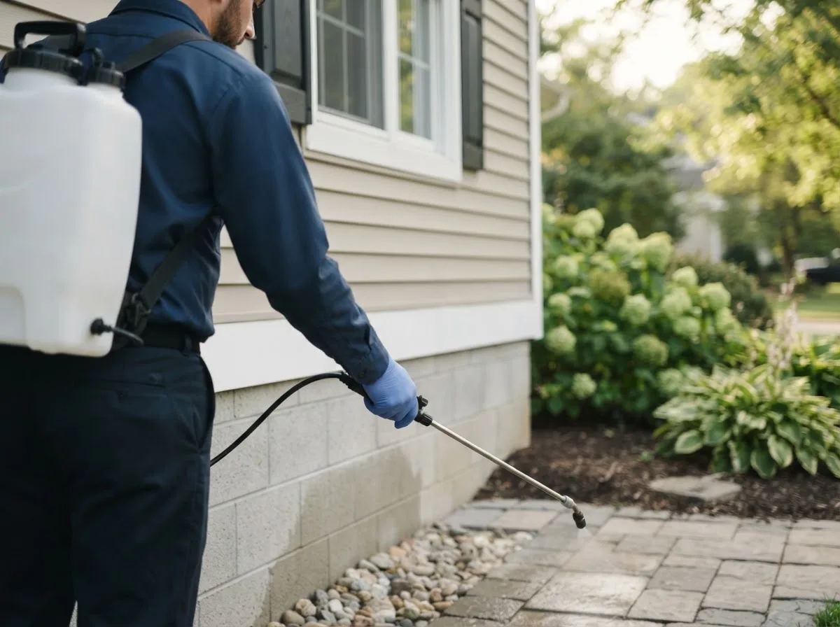 Pest control technician inspecting a home in Thompsons, TX